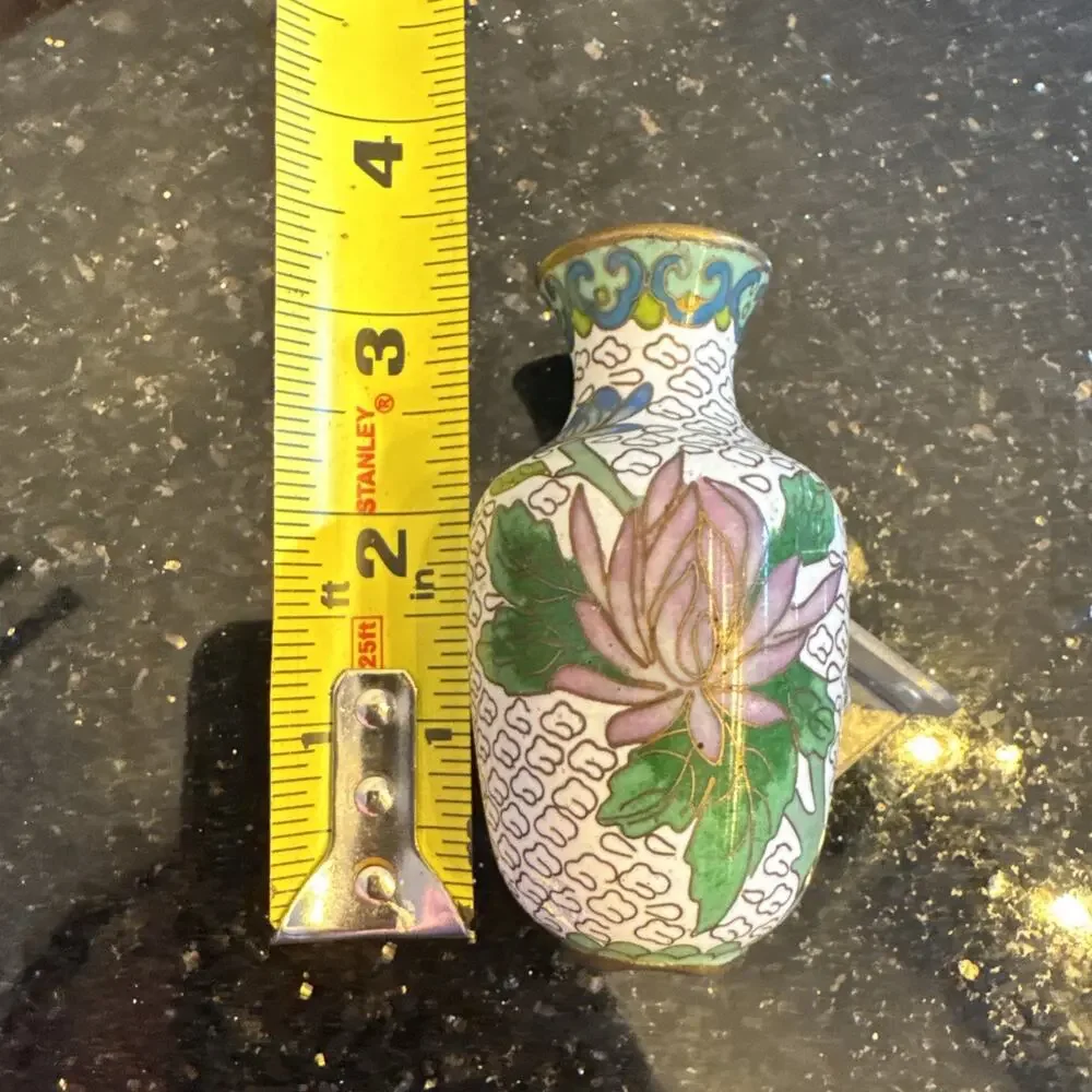 VTG Chinese Cloisonné Floral Bird Enamel Brass Mini Vase White Purple Yellow